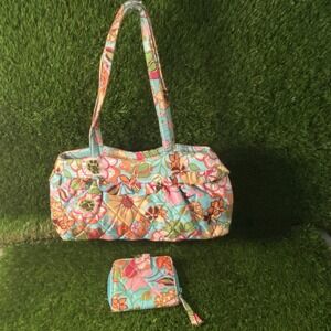Vera Bradley Lisa B Tropical Floral Silk Quilted Handbag With Lisa B Wallet